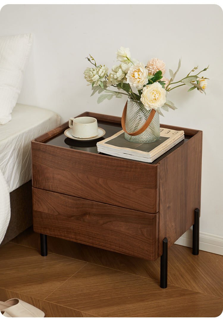 Mazonvintage-Voyage Black Walnut Wood Nightstand with Glass Top
