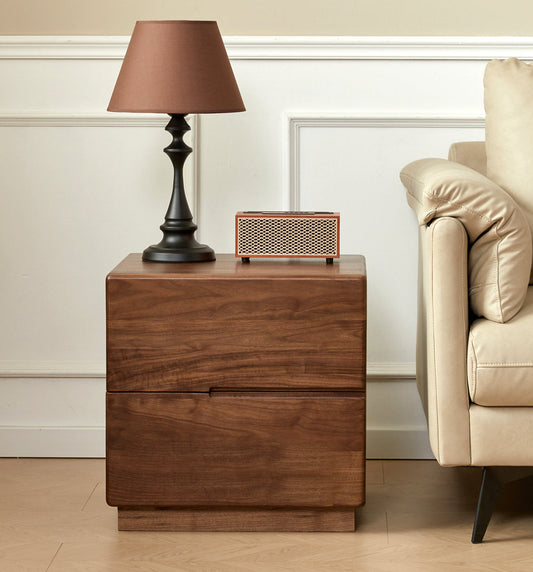 Mazonvintage-Japandi Solid Black Walnut Wood Bedside Table with 2 Drawers