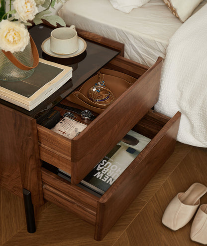 Mazonvintage-Voyage Black Walnut Wood Nightstand with Glass Top