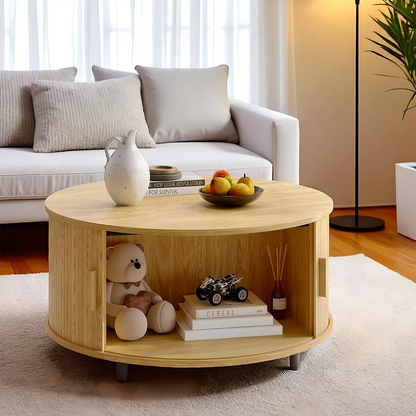 Round Wooden Coffee Table With Drawers, Minimalist and Functional Scandi 