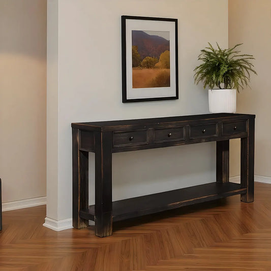 Rustic Black Wood Console Table with 4 Drawers – 64 Inch Long, Elegant and Luxurious 