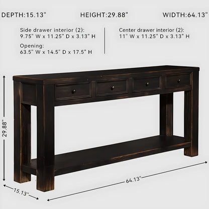 Rustic Black Wood Console Table with 4 Drawers – 64 Inch Long, Elegant and Luxurious 