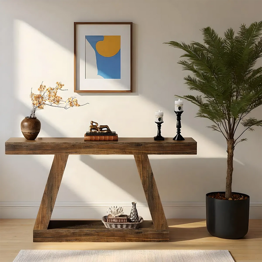 Rustic Modern V-Leg Console Table – 55" x 12" Rustic Walnut Accented with Lower Shelves 