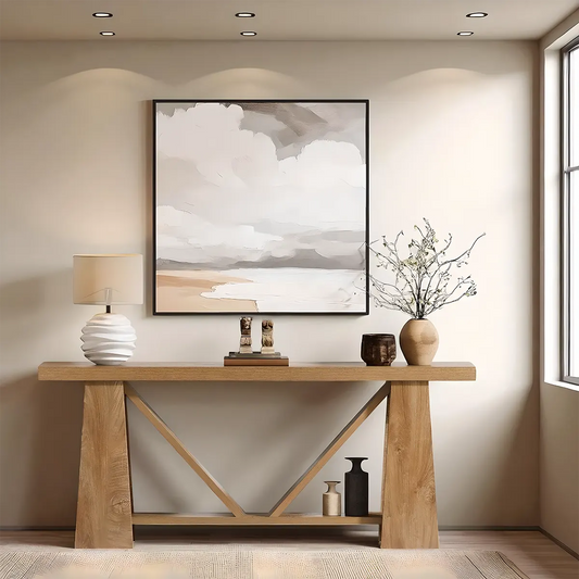 Rustic Oak Console Table – Geometric Legs Modern Design 