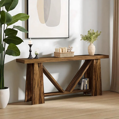 Rustic Oak Console Table – Geometric Legs Modern Design 