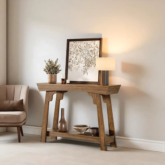 Rustic Style Console Table – Sturdy Natural Wood, Convenient Bottom Shelf 