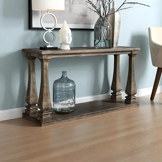 Rustic Wooden Console Table – Elegant, Sculpted Legs, Convenient Bottom Shelf for Decoration 