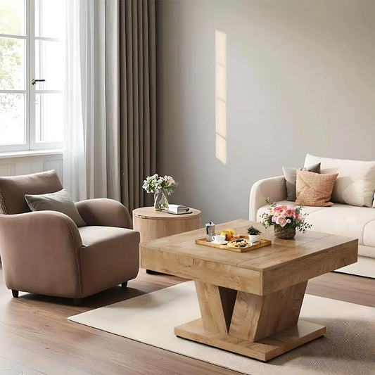 V-shaped wooden coffee table, Unique modern design, minimalist art style 