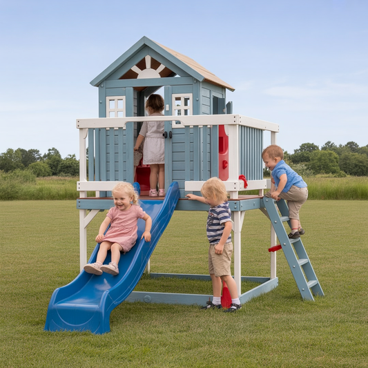 Kids Outdoor Playhouse with Slide – Elevated Blue Playhouse with Ladder & Balcony