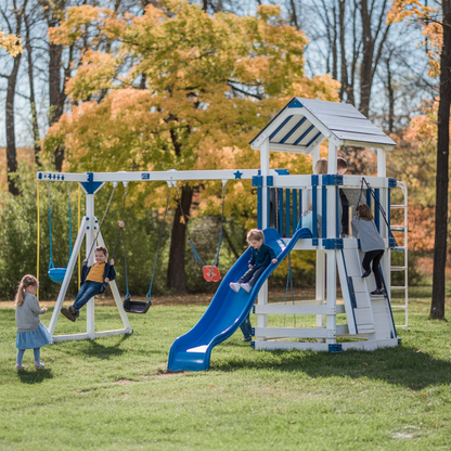 Blue & White Wooden Swing Set with Slide and Play Tower – Kids Outdoor Backyard Playground
