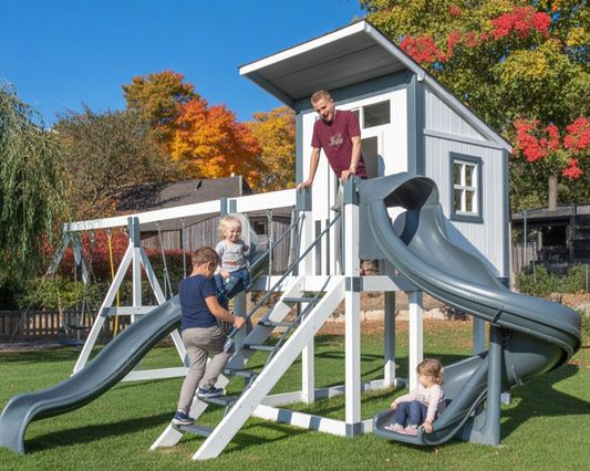 Stargazer Vinyl Swing Set with Playhouse – Double Slide, Swings, and Modern Backyard Playground