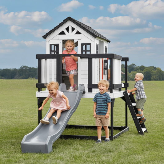 Outdoor Kids Playhouse with Slide – Elevated Wooden Playhouse with Ladder & Balcony