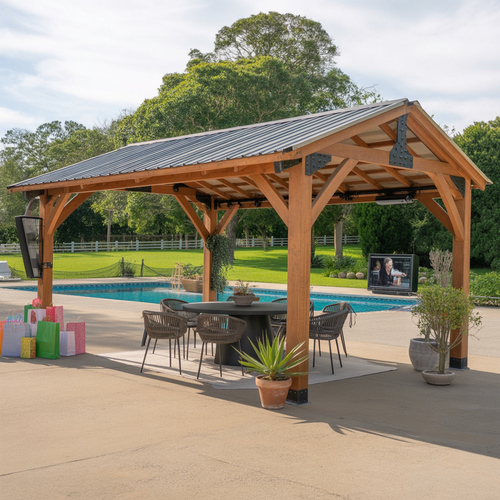 Modern Wooden Pergola with Metal Roof for Patio & Poolside