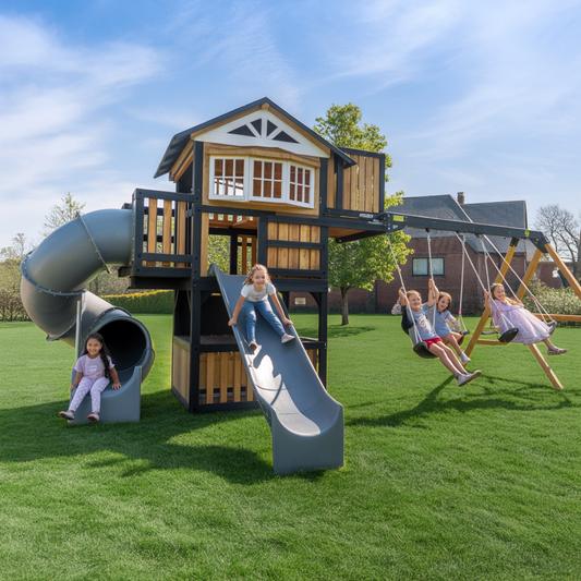 Modern Wooden Playset with Slides and Swings – Outdoor Backyard Kids Playhouse