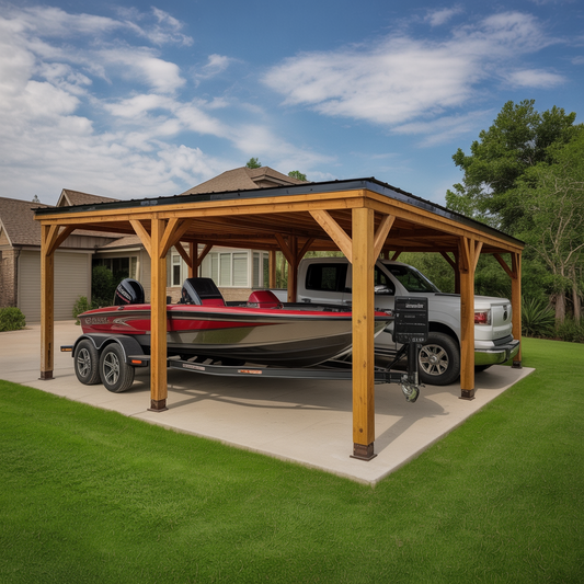 Modern Wooden Carport with Metal Roof for Cars & Boats