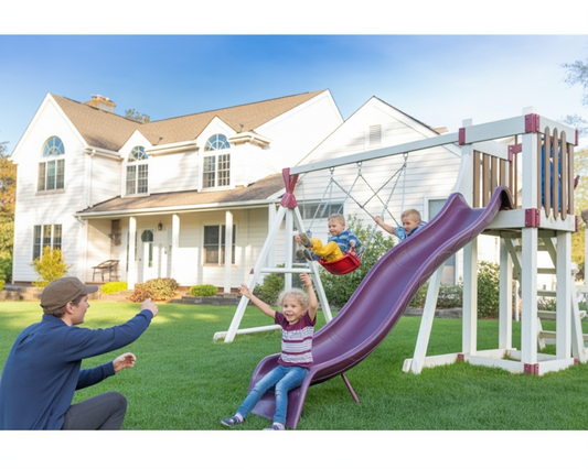 Wooden Outdoor Playset – Kids Playground with Slide, Swings, and Climbing Deck