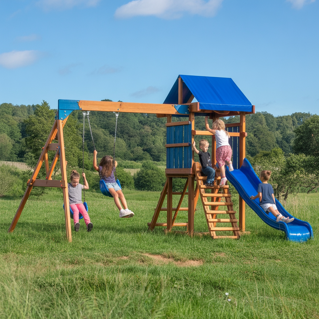 Wooden Swing Set with Blue Slide & Swings – Outdoor Playset for Kids