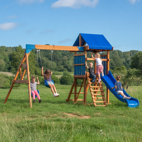 Wooden Swing Set with Blue Slide & Swings – Outdoor Playset for Kids