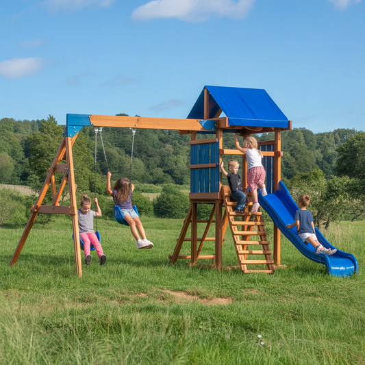 Wooden Swing Set with Blue Slide & Swings – Outdoor Playset for Kids