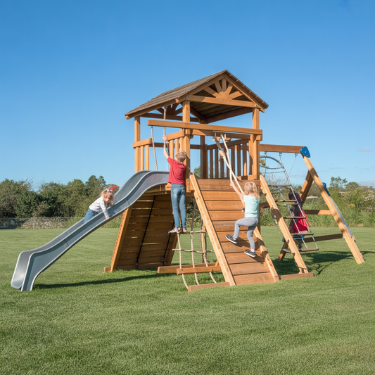 Summit Climber Wooden Playset – Outdoor Kids Playground with Slide, Rope Wall & Tower