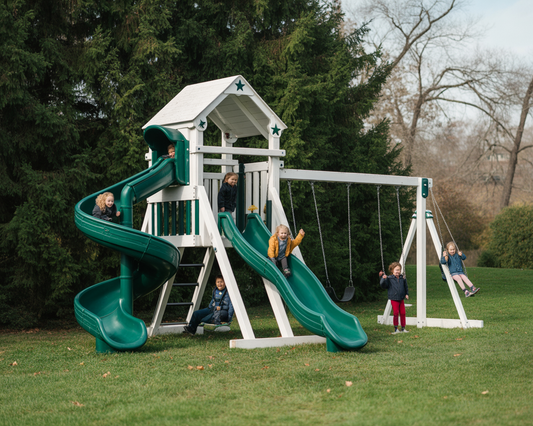 Galaxy Explorer Vinyl Swing Set – Outdoor Playhouse with Spiral & Straight Slides, Swings, and Climbing Features