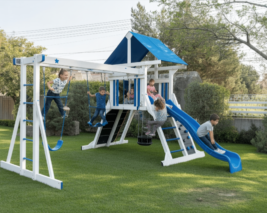 Wooden Swing Set with Slide, Monkey Bars & Play Tower – Backyard Playground for Kids