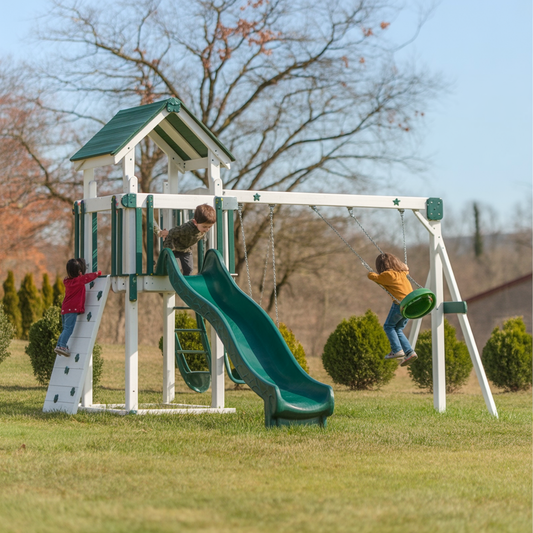 Wooden Outdoor Playset with Slide, Swings & Climbing Wall – Backyard Playground for Kids