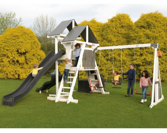 Moon Walk Outdoor Vinyl Playground – Kids Playhouse with Double Slides & Swings