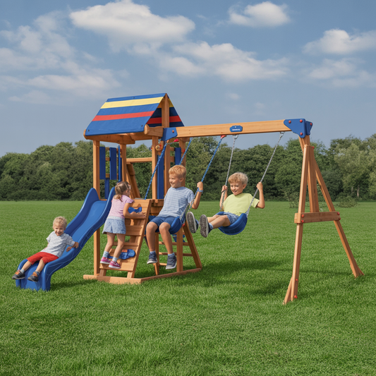 Wooden Swing Set with Blue Slide & Canopy – Outdoor Kids Playset with Swings