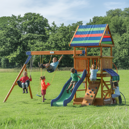 Wooden Kids Playset with Canopy Roof – Outdoor Swing Set, Slide, and Climbing Wall