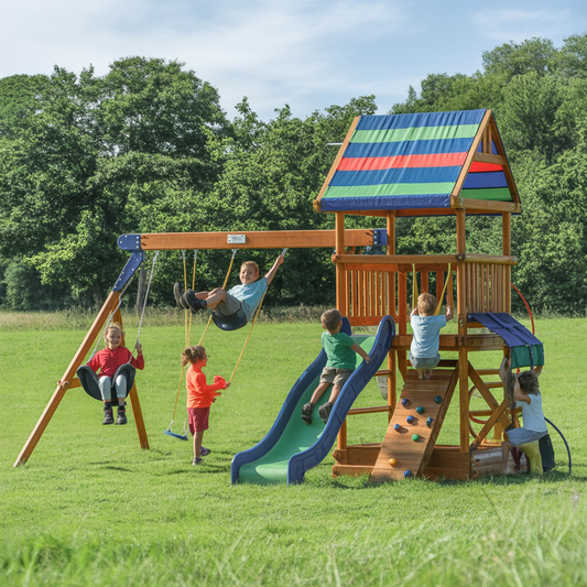 Wooden Kids Playset with Canopy Roof – Outdoor Swing Set, Slide, and Climbing Wall