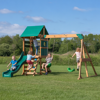 Backyard Wooden Swing Set – Outdoor Kids Playset with Slide, Swings & Climbing Ladder