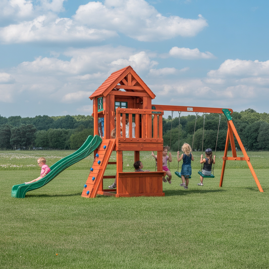 Natural Wood Swing Set – Backyard Wooden Playset with Slide, Swings & Roofed Play Deck