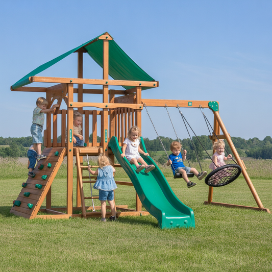 Wooden Outdoor Playset with Slide, Swings & Climbing Wall – Backyard Kids Playhouse