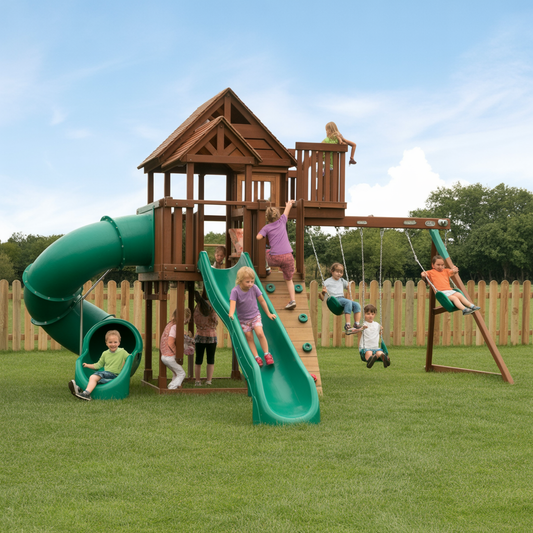 Wooden Swing Set with Spiral Tube Slide, Wave Slide, Rock Wall & Swings – Outdoor Kids Playhouse