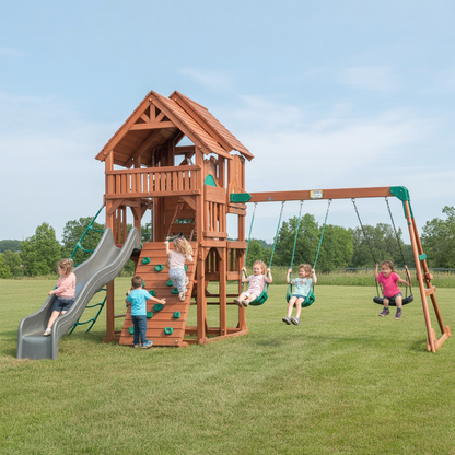 Cedar Ridge Wooden Swing Set – Outdoor Playset with Double Slide, Swings & Rock Climbing Wall