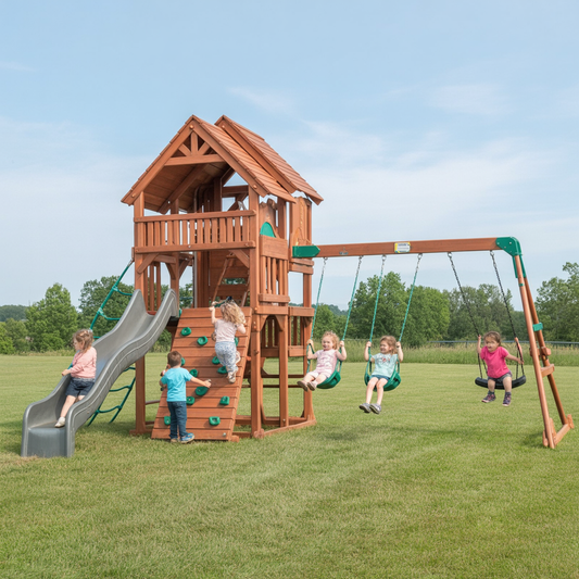 Cedar Ridge Wooden Swing Set – Outdoor Playset with Double Slide, Swings & Rock Climbing Wall