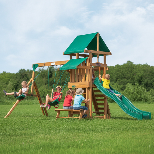 Wooden Swing Set with Green Slide, Canopy & Picnic Table – Outdoor Kids Playset