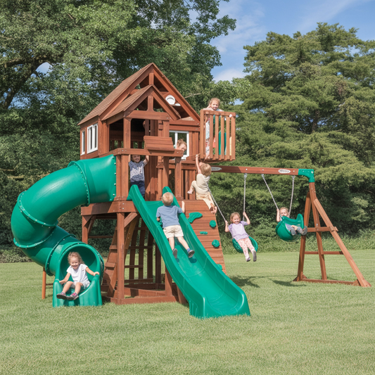 Cedar Wooden Swing Set – Backyard Playhouse with Spiral Tube Slide, Rock Wall, Swings & Clubhouse