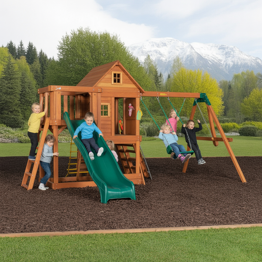 Wooden Playset with Slide, Swings, and Playhouse – Backyard Outdoor Playground for Kids
