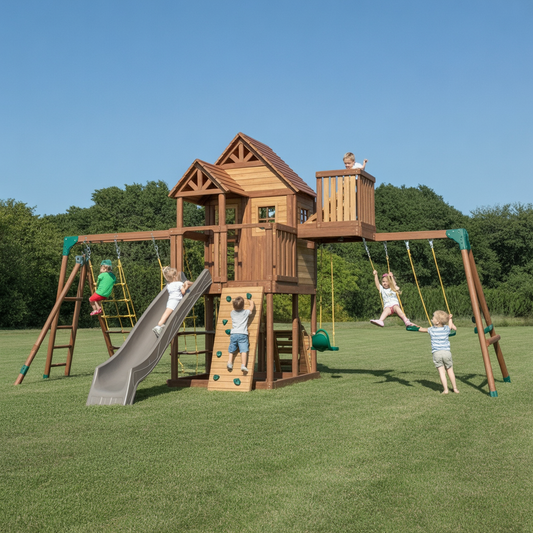Cedar Wooden Swing Set – Outdoor Playhouse with Slide, Swings, Rock Wall & Climbing Features