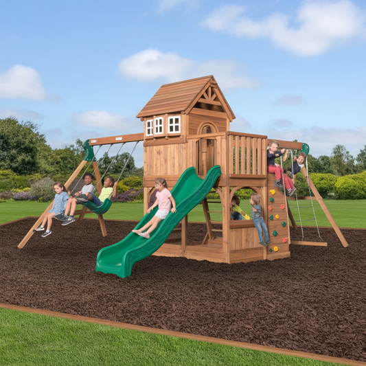 Woodland Haven Wooden Playset – Backyard Swing Set with Slide, Rock Wall & Playhouse