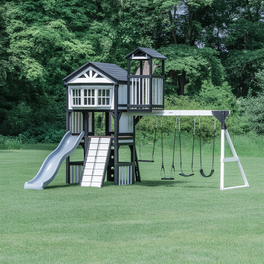 Modern Wooden Swing Set – Backyard Playhouse with Slide, Swings & Climbing Wall