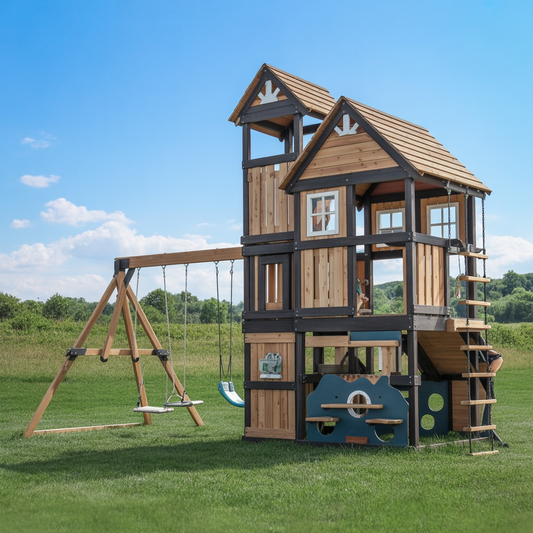 Deluxe Wooden Playhouse Swing Set – Multi-Level Outdoor Playset with Swings, Climbing Wall & Activity Center