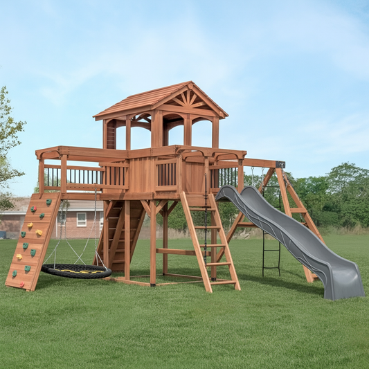 Summit Ridge Wooden Swing Set – Backyard Playset with Tower, Slide, Rock Wall & Swings