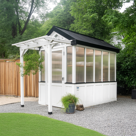 White Cedar Greenhouse – Modern Wood Greenhouse with Polycarbonate Panels and Black Roof