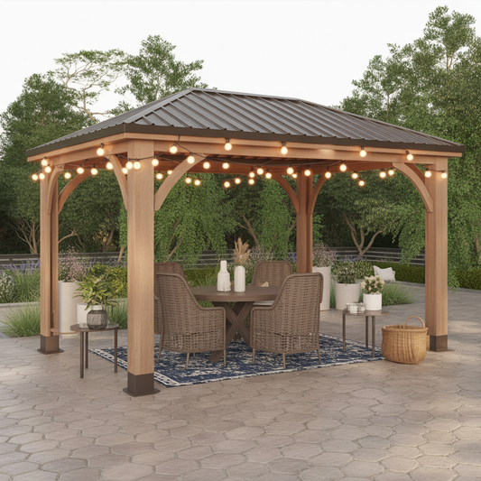 Modern Wooden Gazebo with Brown Metal Roof & Lights