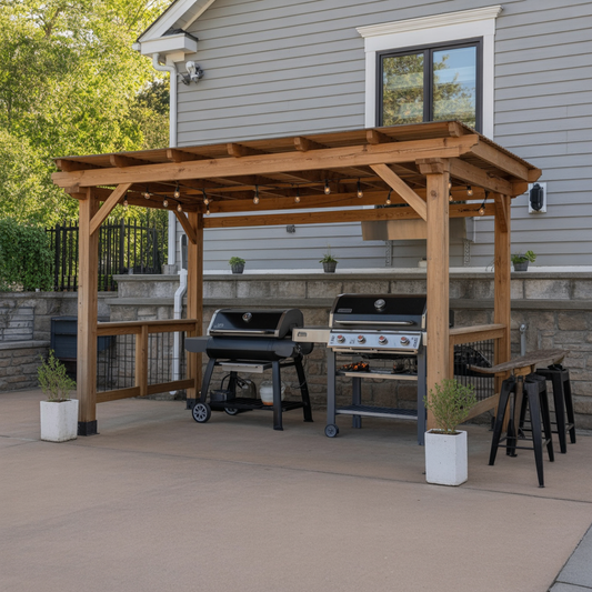 Enjoy outdoor cooking with this modern kitchen pavilion featuring a built-in grill station, bar seating, and durable wooden roof for backyard BBQs.