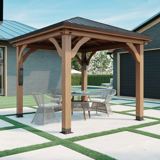 Modern Outdoor Wooden Gazebo with Sturdy Roof Design