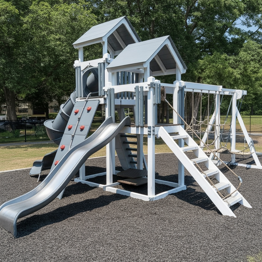 Space Shuttle Vinyl Swing Set – Double Tower Playground with Spiral Slide, Rock Wall, and Swings